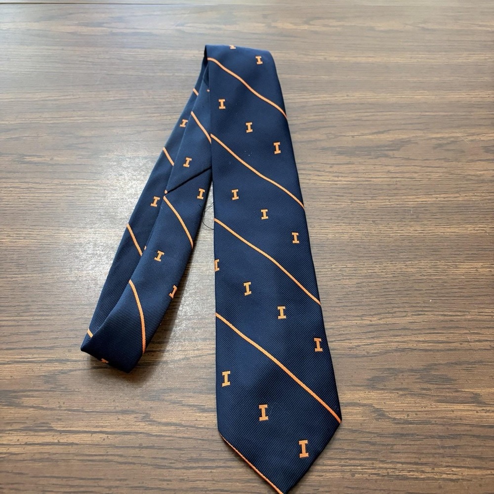 Vintage Illinois Fighting Illini Necktie Navy Blue Orange Striped Logo